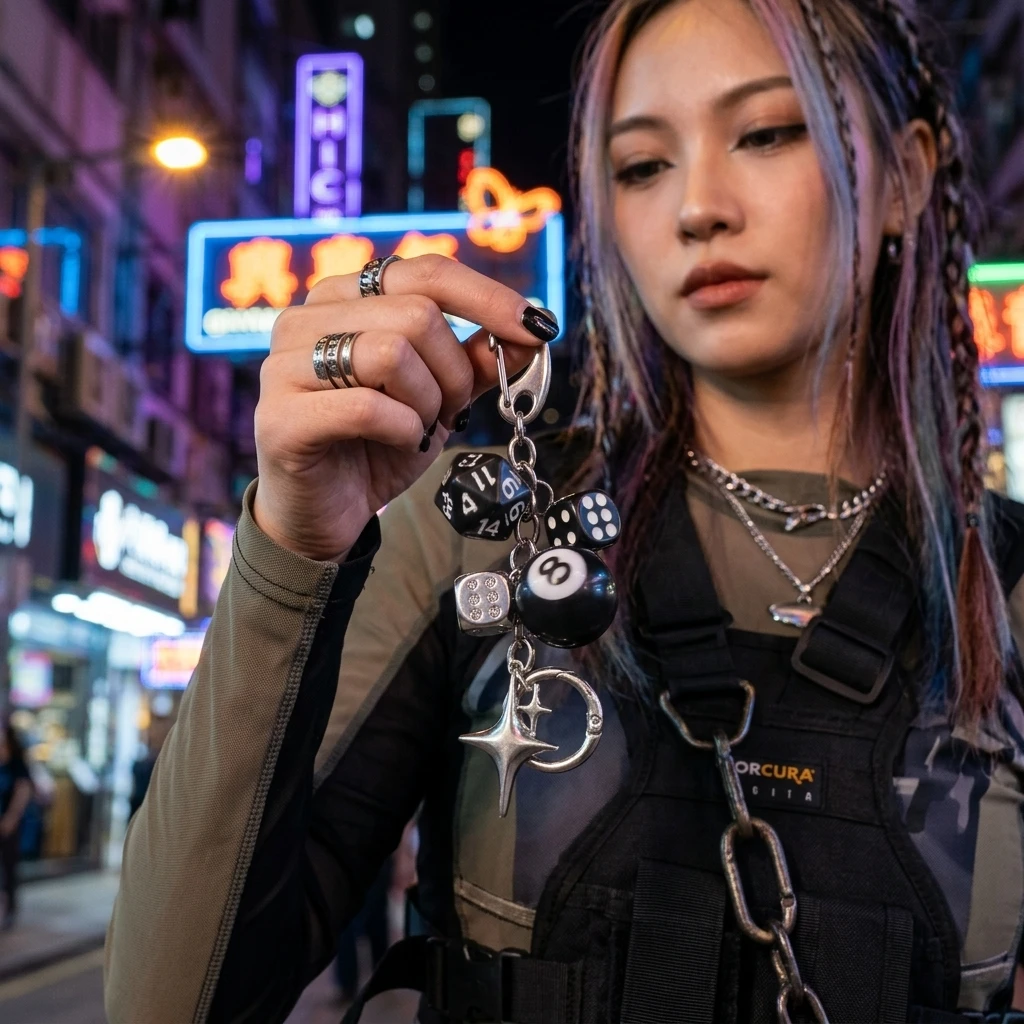 Spinning Dice Keychain Retro Futuristic for Bag Accessories Tetragram Metal Pendant 20-Sided Tetragram Metal Dice Key Rings