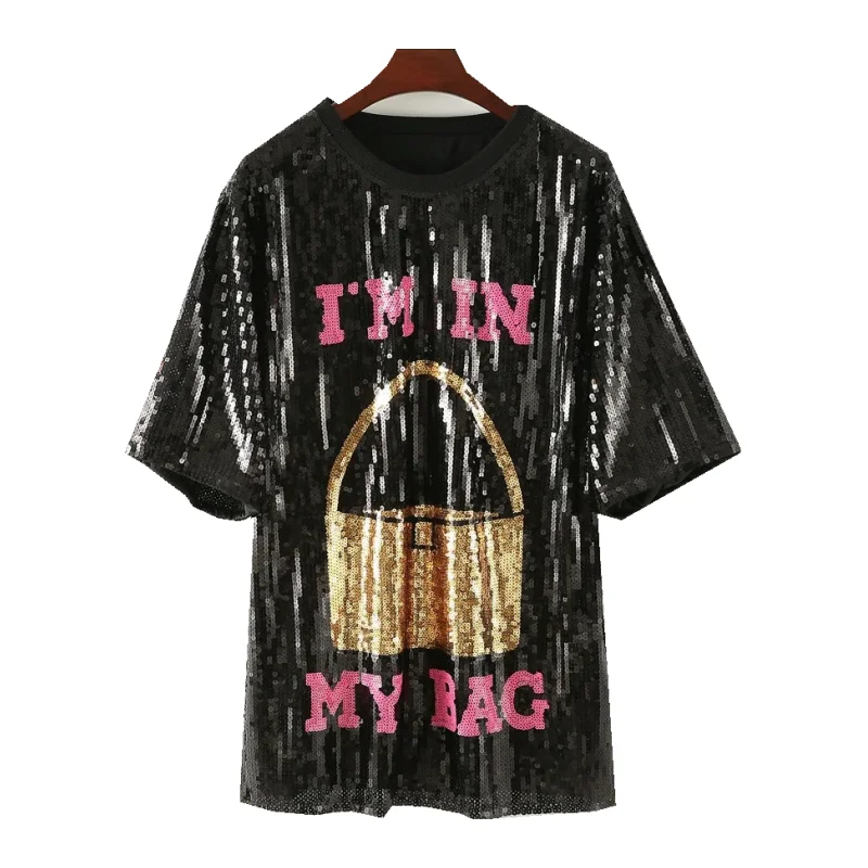 

Summer New Short Sleeve Design Loose Round Neck Letter Sequin Streetwear T-Shirt Hip Hop Night Club Straight Women's Tops