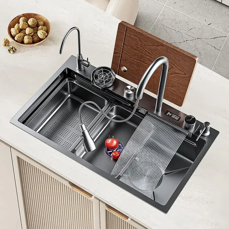 Piano Digital Display Feiyu Waterfall Sink Household Kitchen Stainless Steel Large Single Slot Multifunctional Nano Water Basin