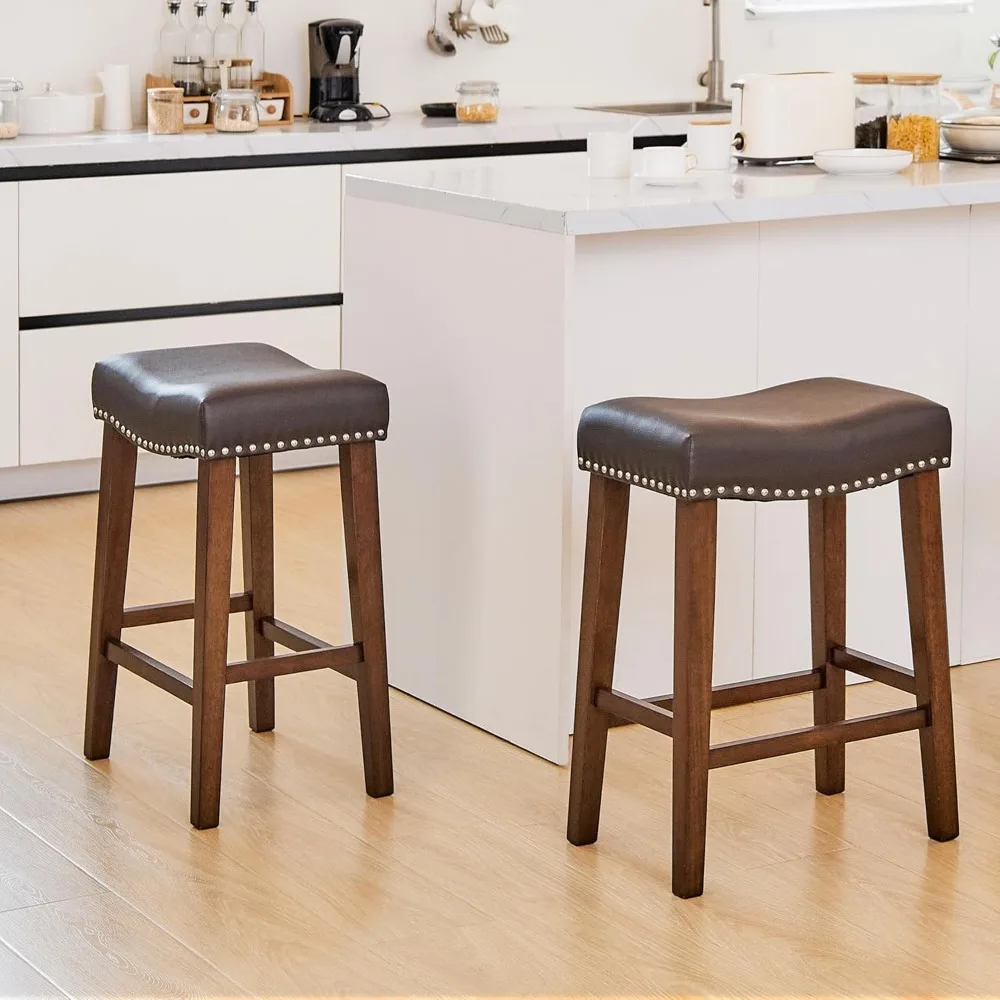 

Counter Height Bar Stools Set of 2 - Backless Saddle Barstools with 4.3" Thick Upholstered, Nailhead Trim Faux Leather