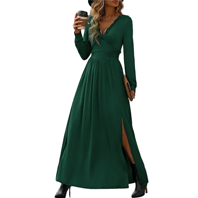 ASDS-Women Deep V Neck Long Sleeve Slit 2025 Fall Elegant Formal Wedding Evening Date Prom Maxi Long Dress