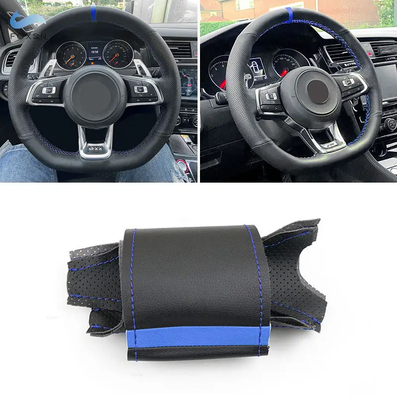 Für VW Golf 7 GTI Golf R MK7 Passat B8 Polo Scirocco 2015 2016 Lenkradbezug aus schwarzem Leder mit blauer Linie und blauem Streifen