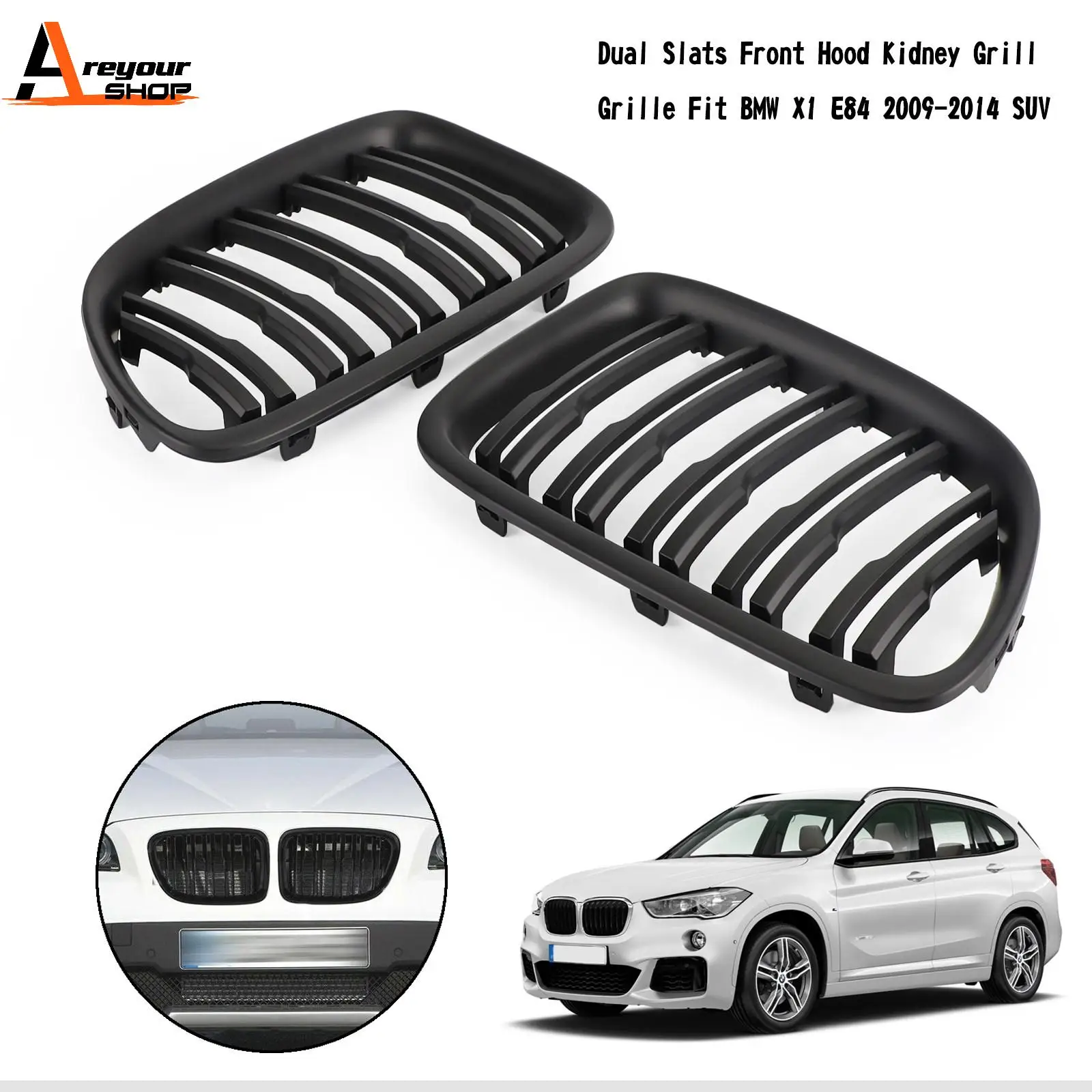 Areyourshop Dual Slats Front Hood Kidney Grill Grille for BMW X1 E84 2009-2014 SUV 51112993305 51112993306 Car Auto Parts