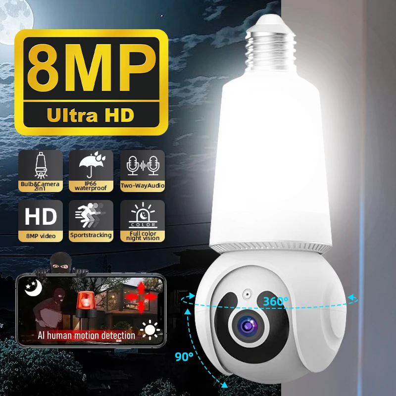 camera de vigilancia sem fio com lampada led 4k 8mp e27 wifi zoom de 10x cctv ptz rastreamento inteligente audio bidirecional visao noturna 01