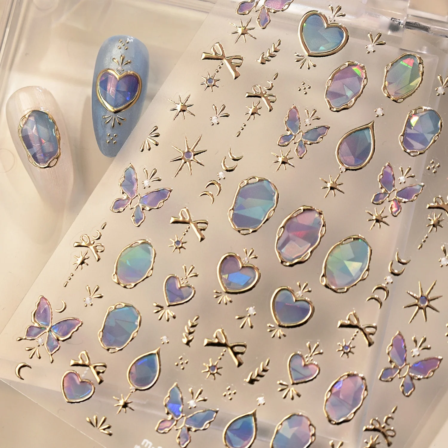 

5D Fantasy Gold Iridescent Gem Butterfly Nail Art Stickers Gold Edge Rhinestone Heart Drop Laser Gold Star Moon Cross Decals