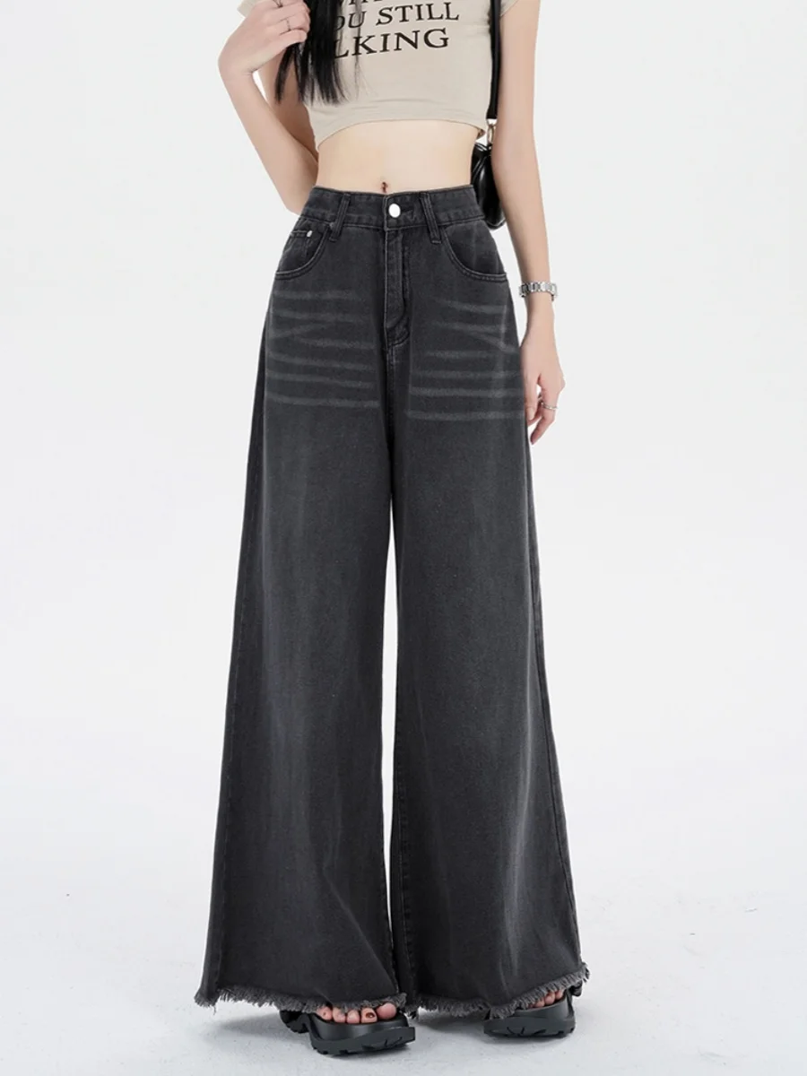 Retro High Waist Wide Leg Denim Jeans Women's Fall New Design Loose Fit Bell Bottom Frayed Hem Floor Length Pants