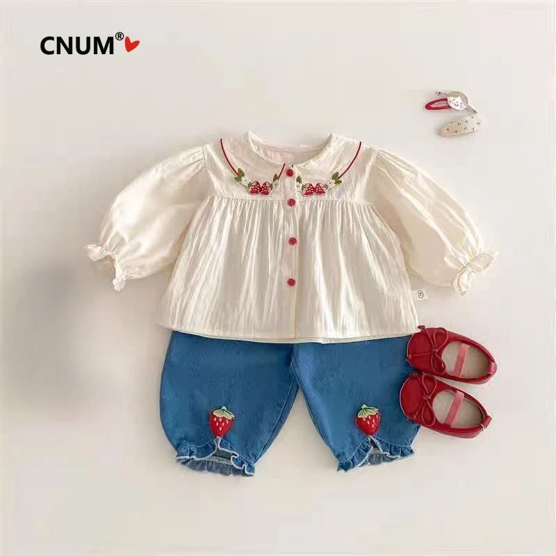 CNUM Toddler Girls' Stylish 2026 New Spring Korean Style Strawberry Top Versatile Shirt Sweet Outfit 2 Pieces Clothing Sets