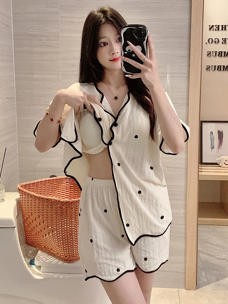 

Women's Summer Spwear with Chest Pad Pure Cotton ort Sve orts One-Piece Casual Polka Dot Home Clothes Set