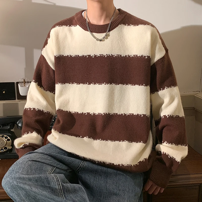

Autumn Winter Loose-fit Knitted Sweater Men Round Neck Trendy Streetwear Striped Couple Jacket Unique Korean Version for Men
