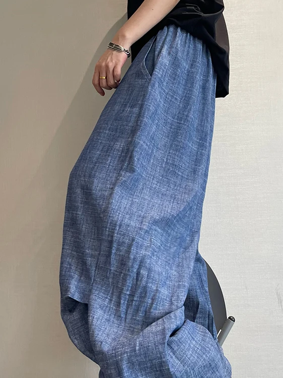 

plus Size 300 Pou Men's Blue Cotton Linen Wide Leg Pants High Waist Long Trousers Casual Summer Jeans plus Size Faion
