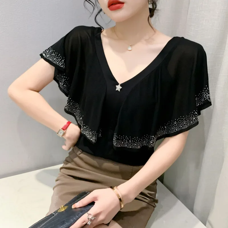 

#5448 Black Red Mesh T Shirt Women Ruffles Diamonds Korean Fashion Short T-shirt Female Sexy Tops Streetwear Tee V-neck Summer