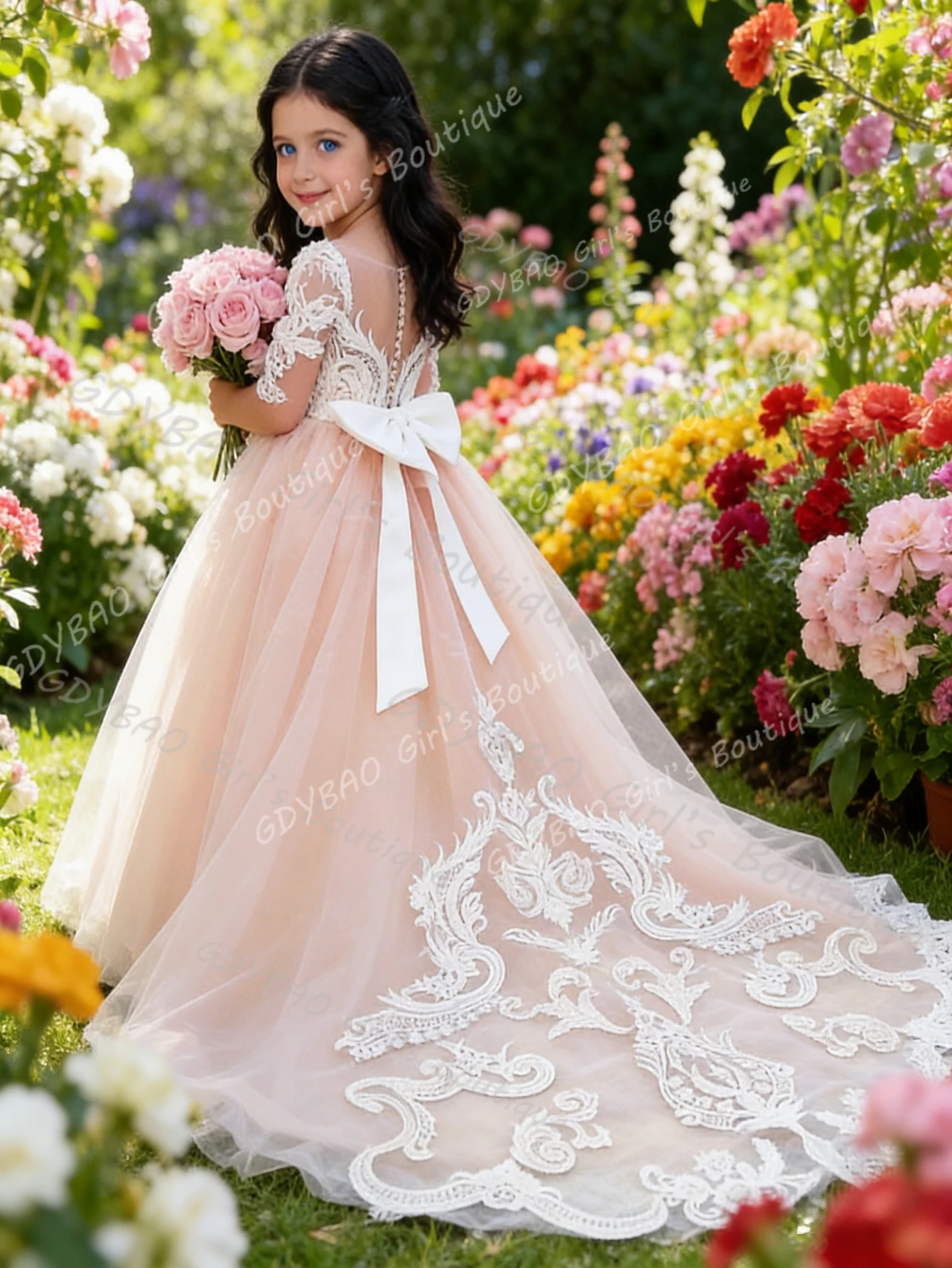 

Long Sleeves Flower Girl Dresses for Wedding Toddlers White Lace Appliqued Tulle First Communion Dress with Train/Bow Custom