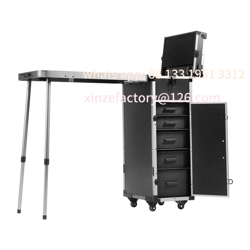 

Customizable Professional Makeup Train Case Aluminum Cosmetic Case Workbench With Supporting Legs Rolling Makeup