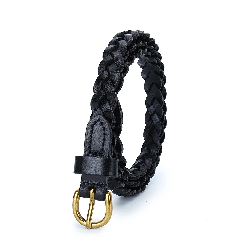 Women Leather Belt Waist Bands with Round Gold Buckle Braided Dress Belt Casual Thin Belt For Student Ladies Clothes Accessories