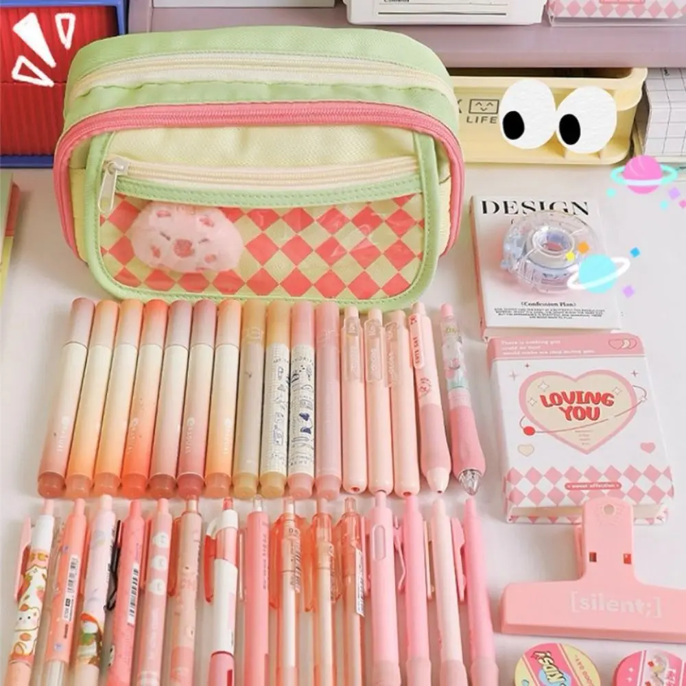 Creative Cute Design Capybara Pen Bag INS Multi-layer Checkered Stationery Bag Aesthetic Large Capacity Plaid Pencil Case Kids
