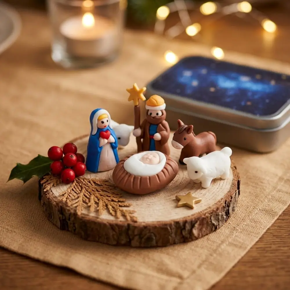Metal Tin Box Mini Christmas Trough Set Hand Painted 3D Printed Xmas Manger Ornaments Holy Family Shepherd Animal