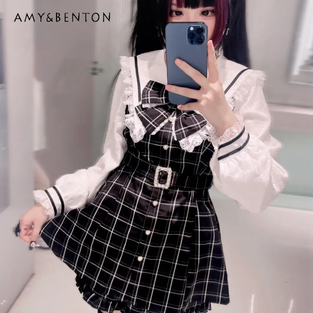 Subkultur Japanische Mine-Serie Masse produzierter Gürtel Slim Plaid Set Schleife Spitze Spleißen Langarm Kleid Shorts Goth Zweiteiliges Set