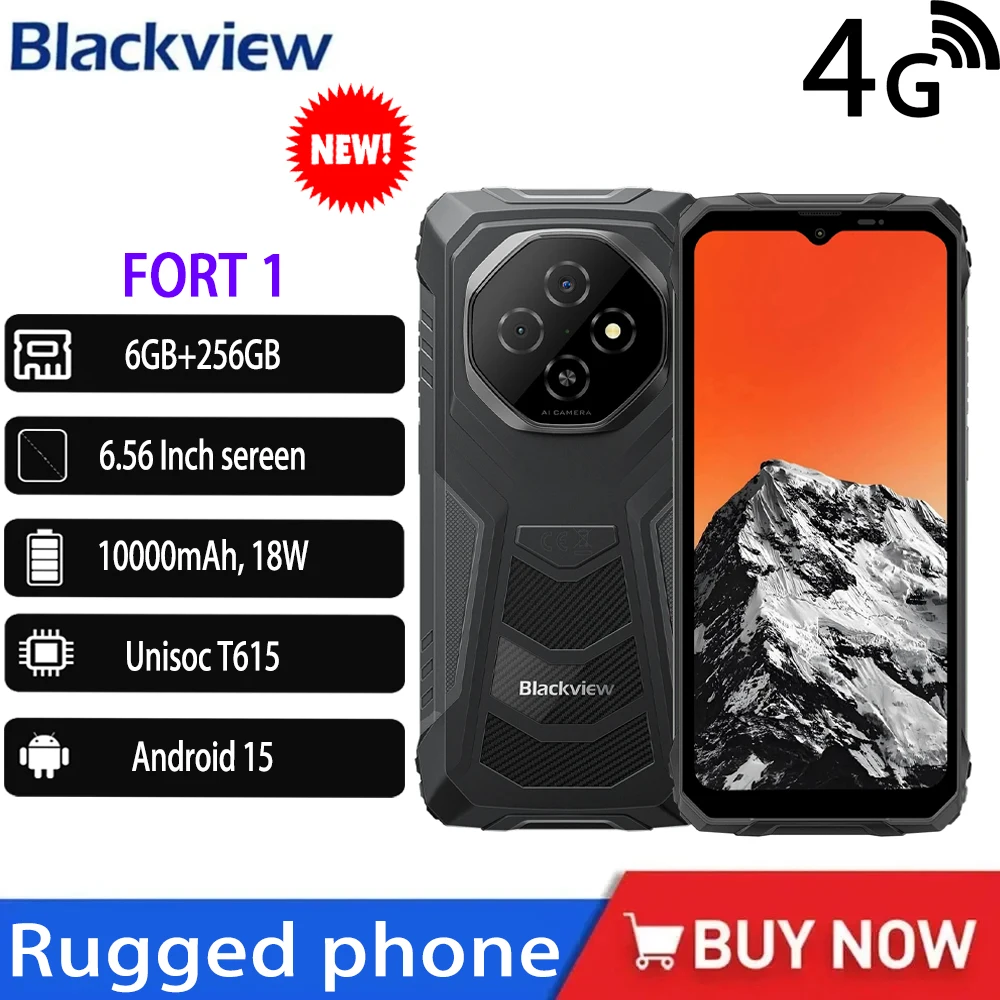 Blackview FORT 1 Rugged Smartphone Android 15 Unisoc T615 6.56 “ HD+ Display 3 Card Slots 8GB 256GB10000mAh 18W NFC Mobile Phone