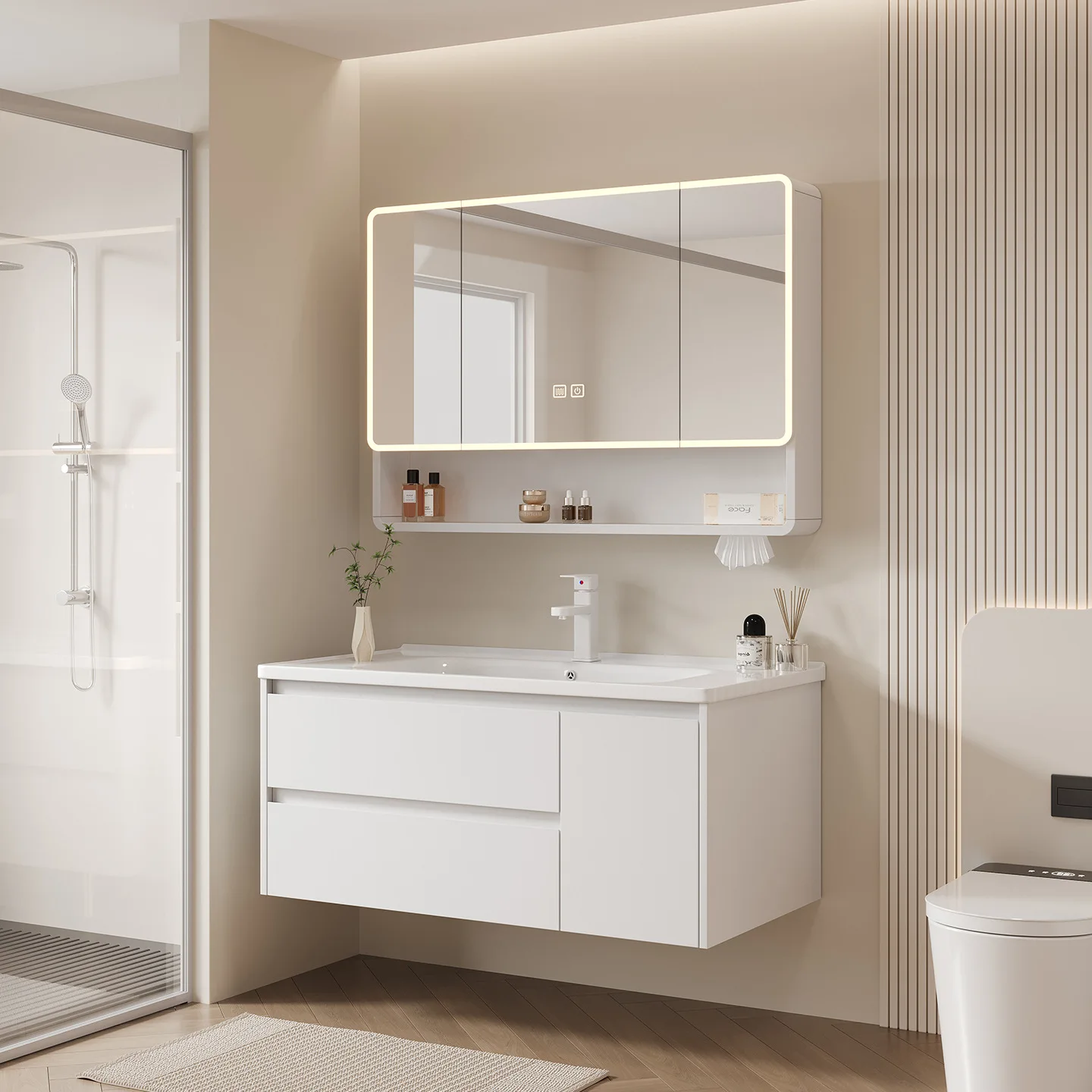 Armadietto a specchio da bagno in lega di alluminio a nido d'ape addensato, lavabo integrato in ceramica, WC ad arco rialzato, bellezza intelligente mir