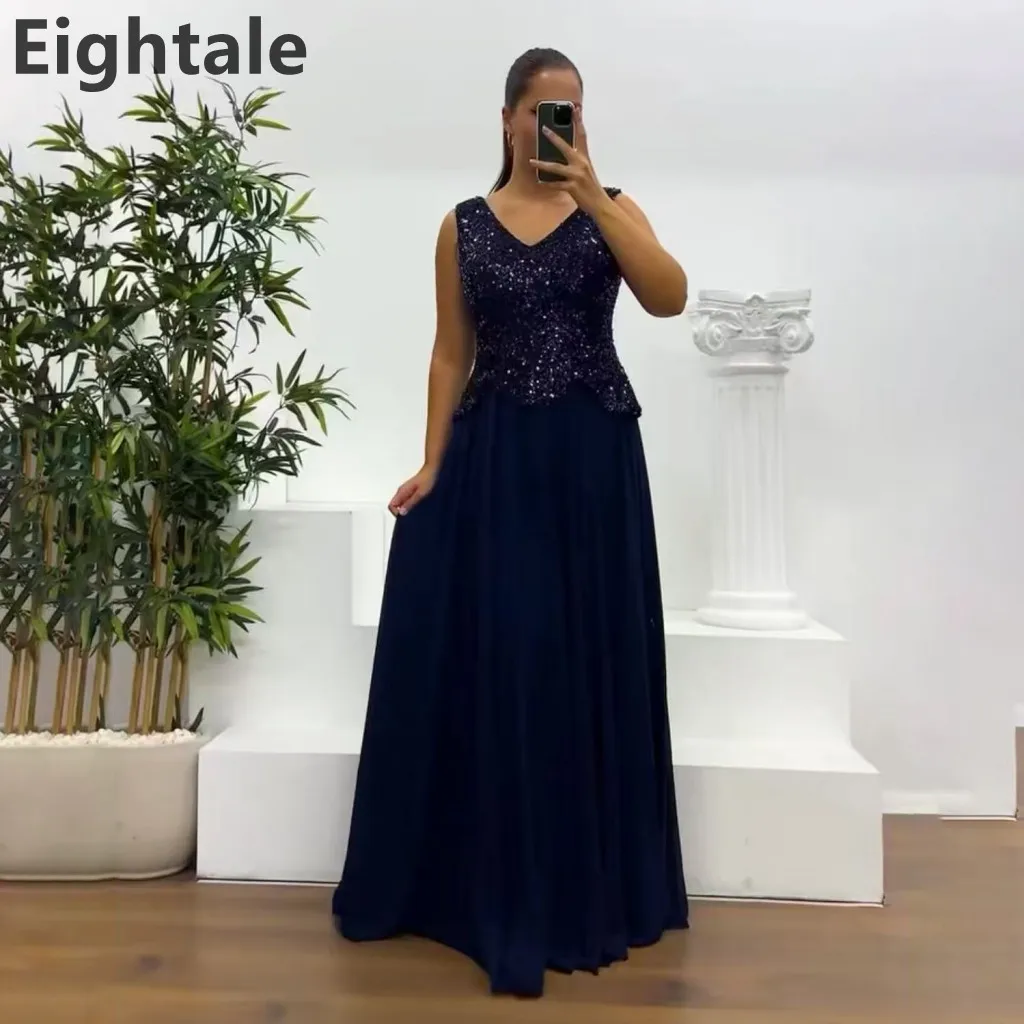 Eightale blu navy in chiffon una linea abito da sera arabo saudita con paillettes abito da ballo da donna abito formale Dubai personalizzato