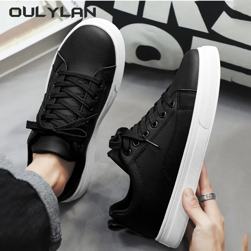 OULYLAN Solid Color White Black Shoes for Men Fashon Artificial PU Casual Board Shoes Trendy Student Footwear