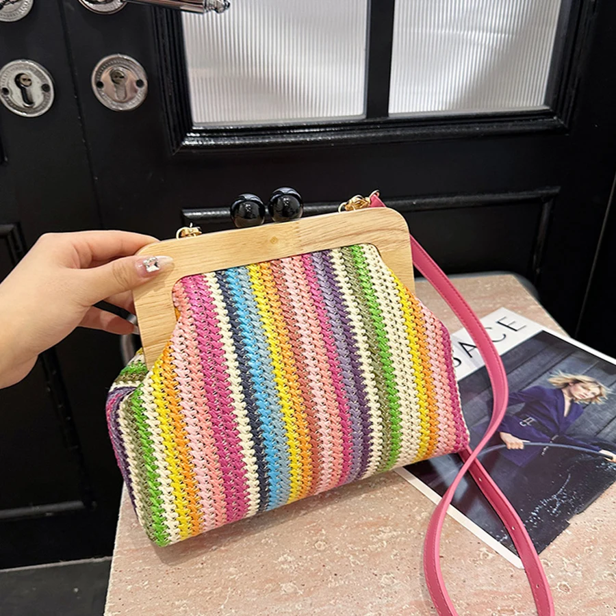 

Summer Women's shell straw handbag striped wooden clip bead clutch purse fashion colorful single-shoulder crossbody bag vacation