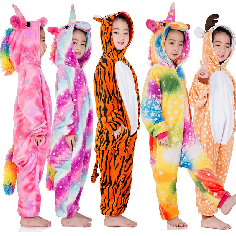 Kigurumi Children Unicorn Tiger Cosplay Costumes Anime Stitch Cartoon Pajamas Christmas Halloween Onesies for Kids Girls Boys