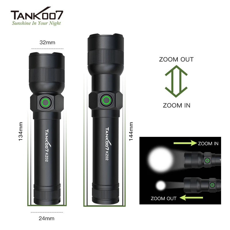 Tank007 10w Flashlight Rechargeable Focusing Light 1000 Lumens 500m Adjustable USB Type-C EDC Torch For Home Outdoor