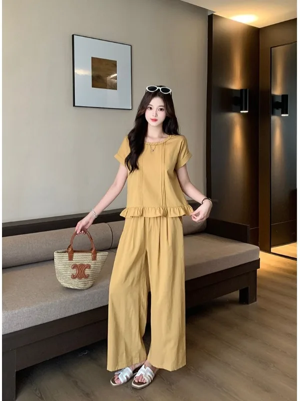 

plus Size Casual Set Women's Summer New Style Slimming Short Sleeve Wide Leg Pants Two Piece Set High Waist Flounce Detail