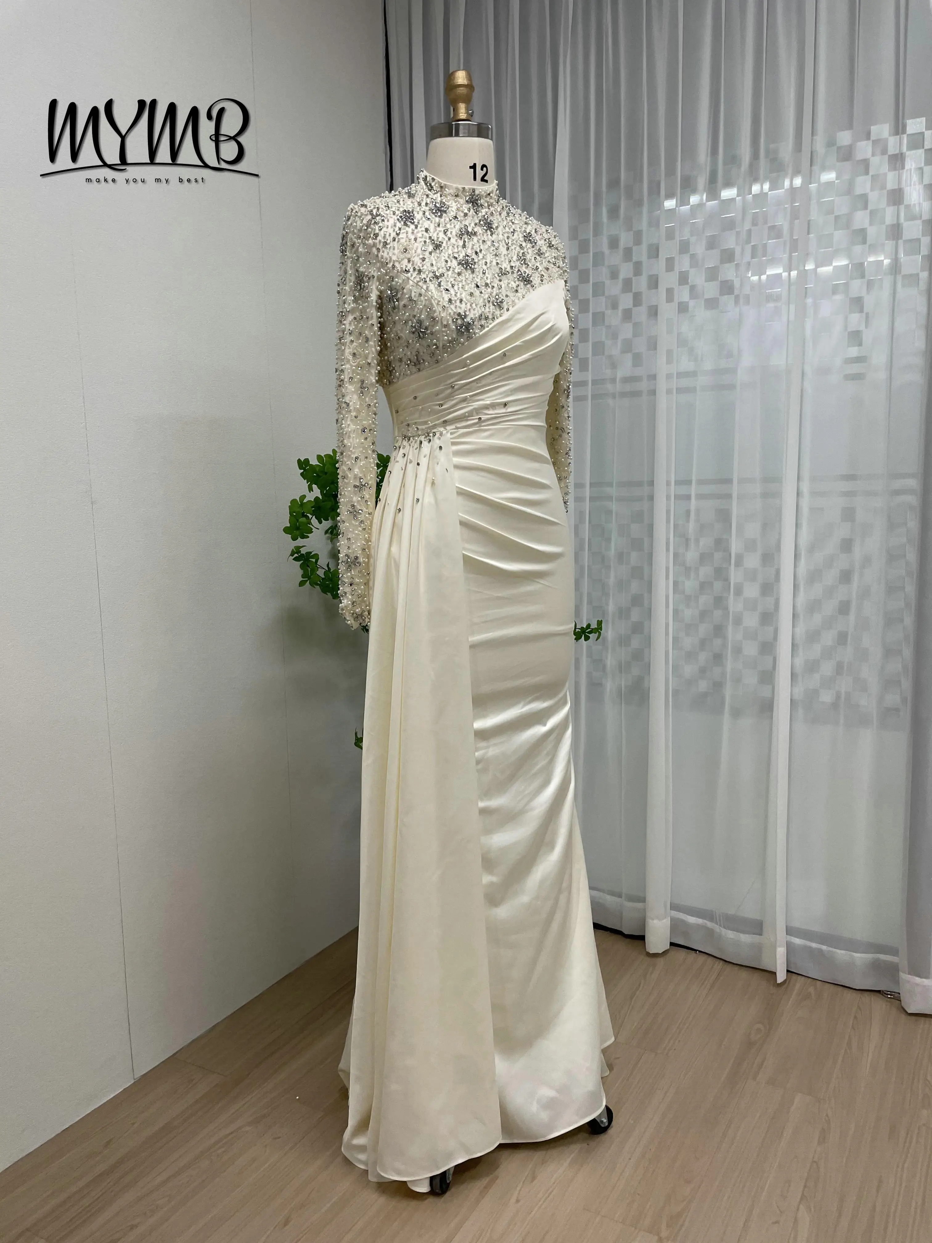فساتين سهرة جديدة من MYMB بأكمام طويلة ورقبة عالية في دبي مقاس كبير للنساء بطول الأرض لؤلؤ للحفلات الراقصة للولائم MY30049 #5