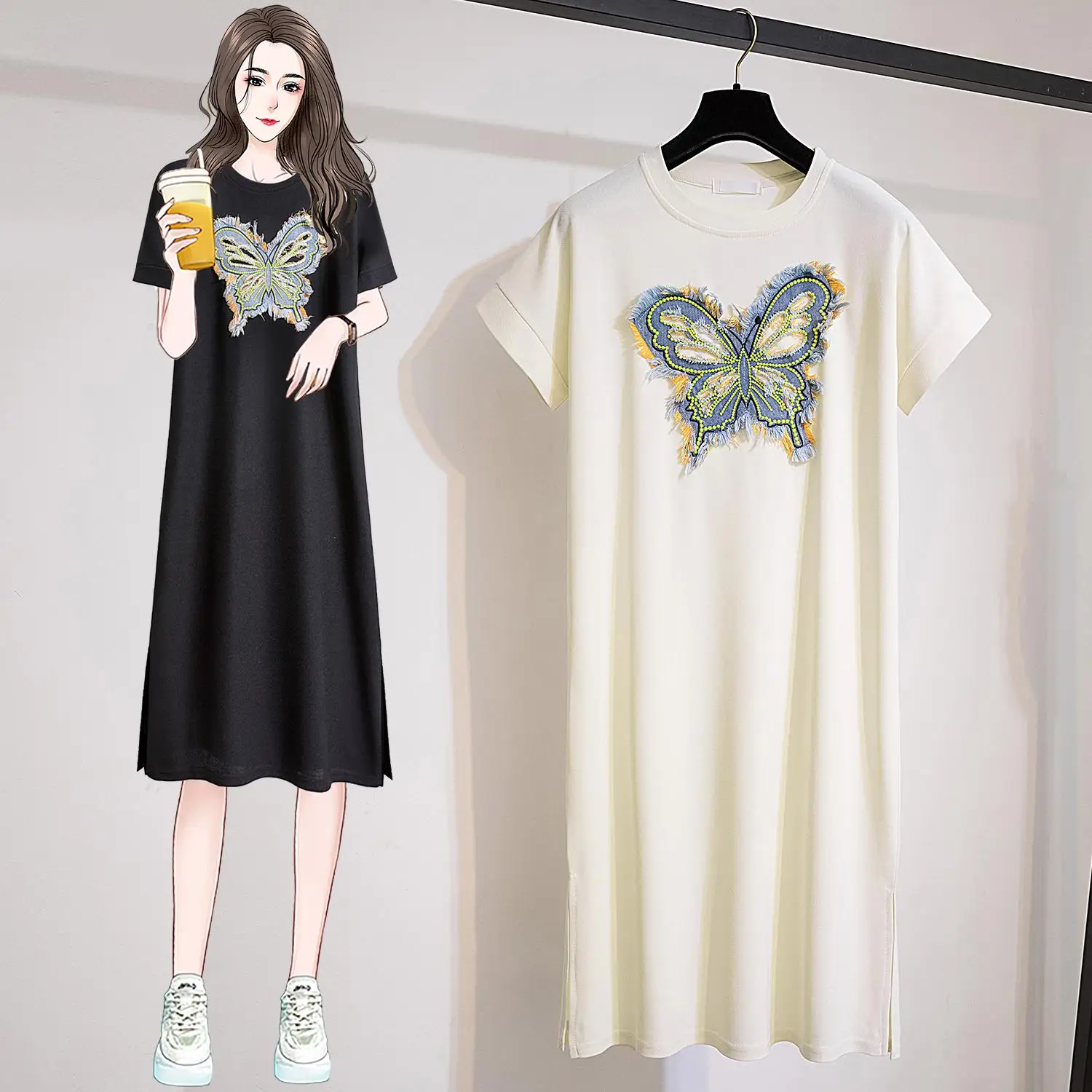 Women Cotton Long T-shirt Dresses Summer Female O Neck Short Sleeve Large Size Elegant Black Apricot Coffee Butterfly Vestidos