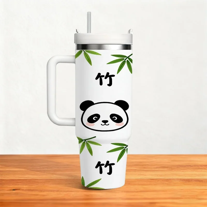 40oz Stainless Steel Insulated Tumbler, Playful Cartoon Panda & Bamboo Digital Print, Reusable Hot Cold Drink Cup for Daily Use, Office, Outdoor Commute & Home Drinks