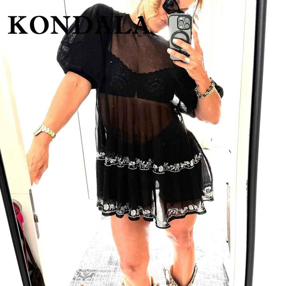 

KONDALA Chic Black Sexy Romantic Blouse Fashion 2025 Summer Bow Luxurious Elegant Embroidery Casual Chic O-Neck Sexy Woman Dress
