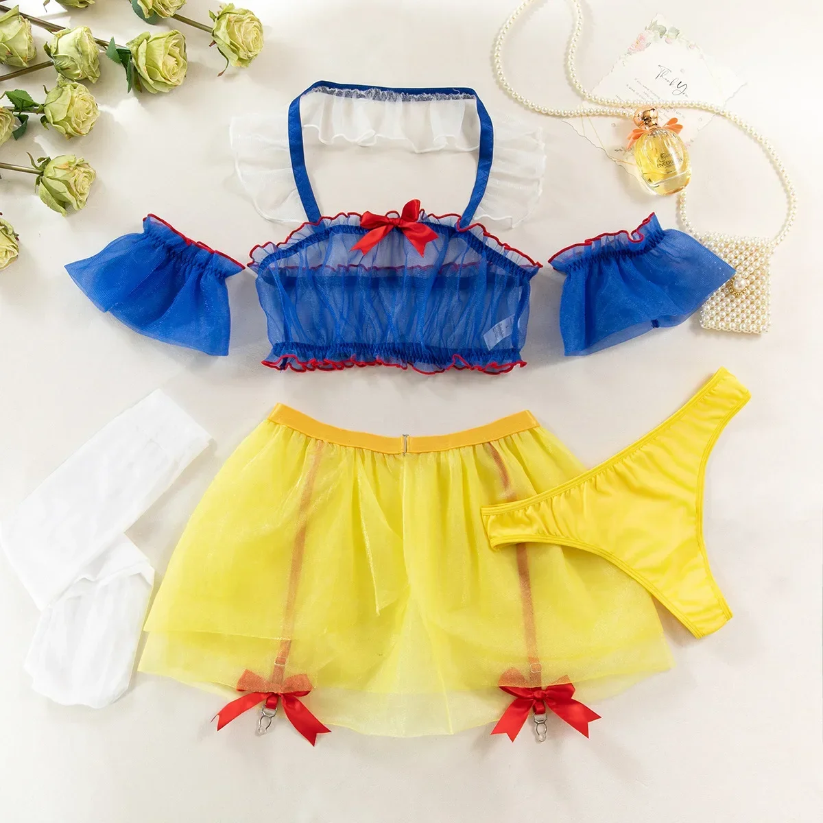 Erotic underwear sexy uniform temptation maid dress female Snow White colour matching mesh multi-piece set with stockings