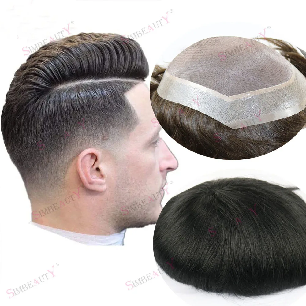 Durable Men Wig Human Hair Toupee Mono Lace Top With Skin Pu Base Hairpieces Male Hair Prosthesis Straight Replacement System