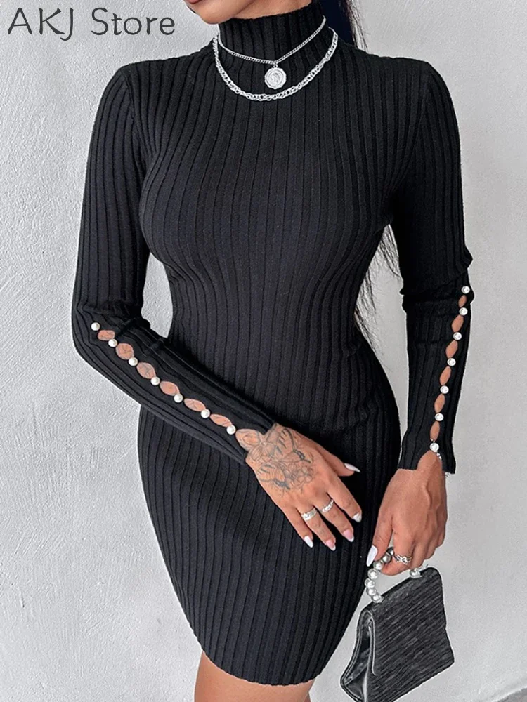 Robe moulante en tricot perlé pour femme, col montant, haute élasticité, automne et hiver