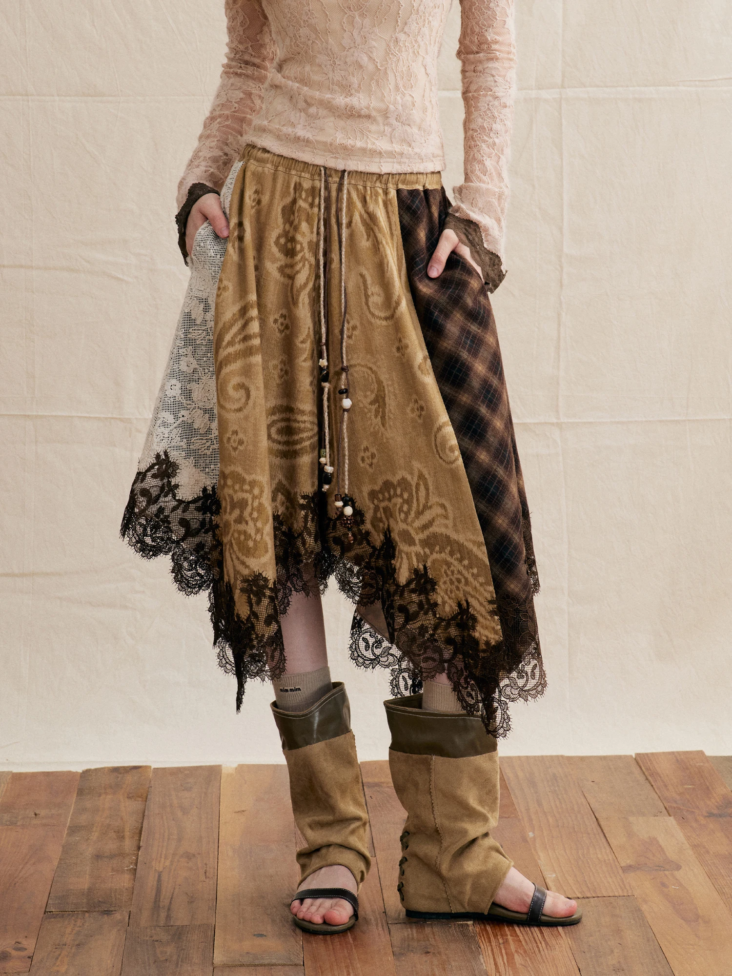 Retro Lace Trimmed Casual Pants Women's High Waist Patchwork Skirt Pants Asymmetrical Design Street Style Autumn Collection