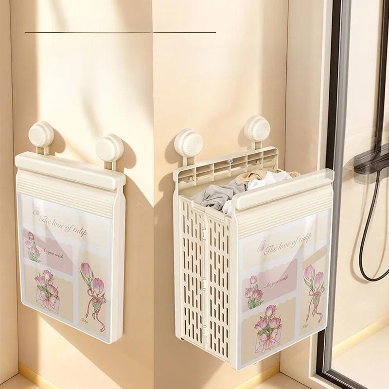 

Новая высокоэстетичная настенная корзина для грязного белья на присосках, складная сетчатая корзина для хранения одежды в ванной комнате