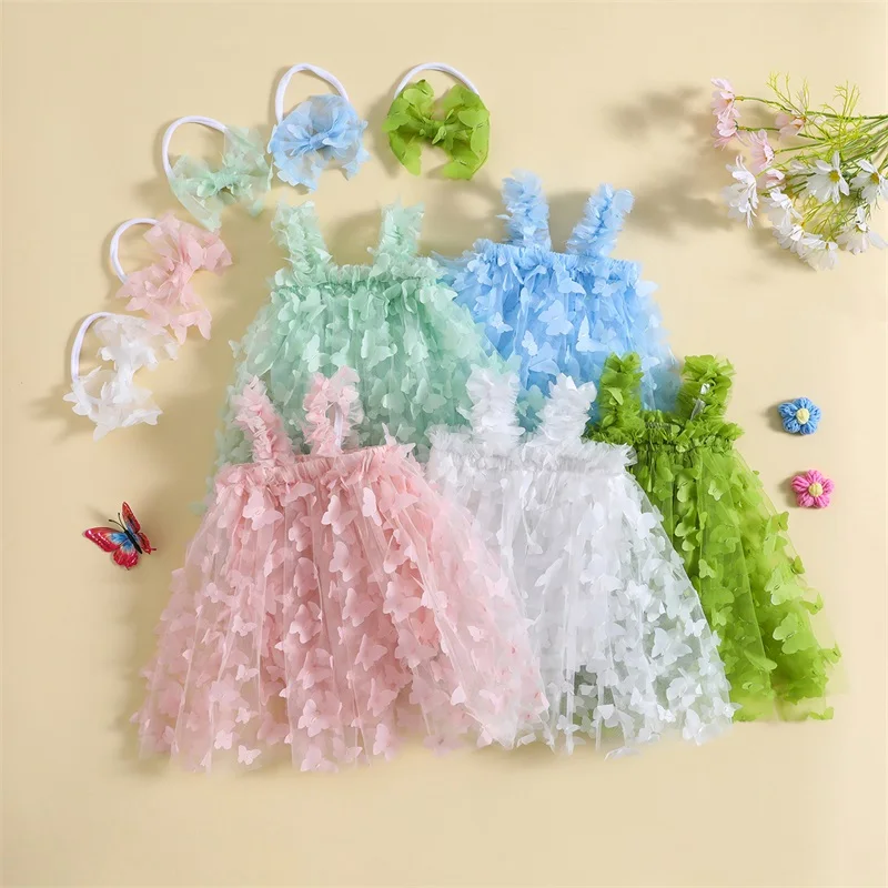 0-24M Infant Baby Girl Princess Romper Dress Sleeveless 3D Butterfly Tulle Lace Mesh Backless Jumpsuit with Headband