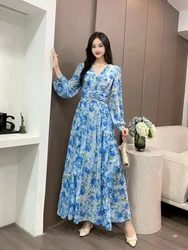 New Spring Autumn Women V-Neck Long Sleeve Slim Long Dress High Quality Sweet Ruffles Patchwork Big Hem Chiffon Floral Dress