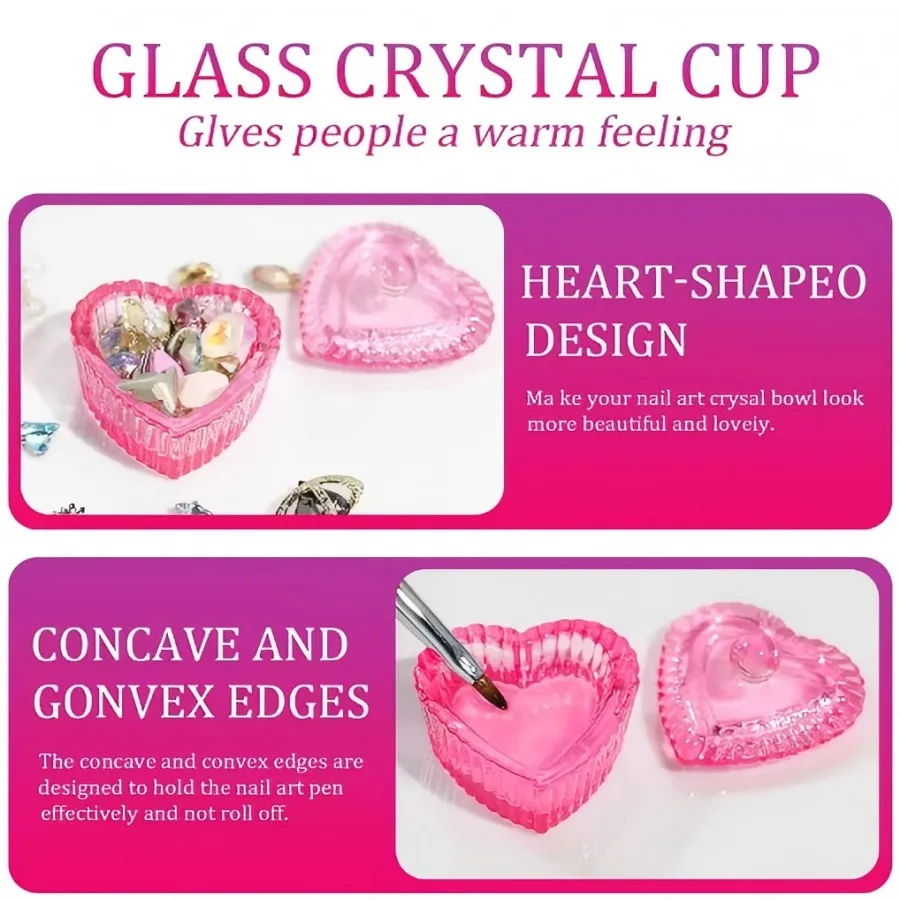 1pcs Pink Crystal Glass Dappen Dish Acrylic Powder Liquid Holder Container Heart Shape Nail Lid Cup Bowl Manicure Accessories
