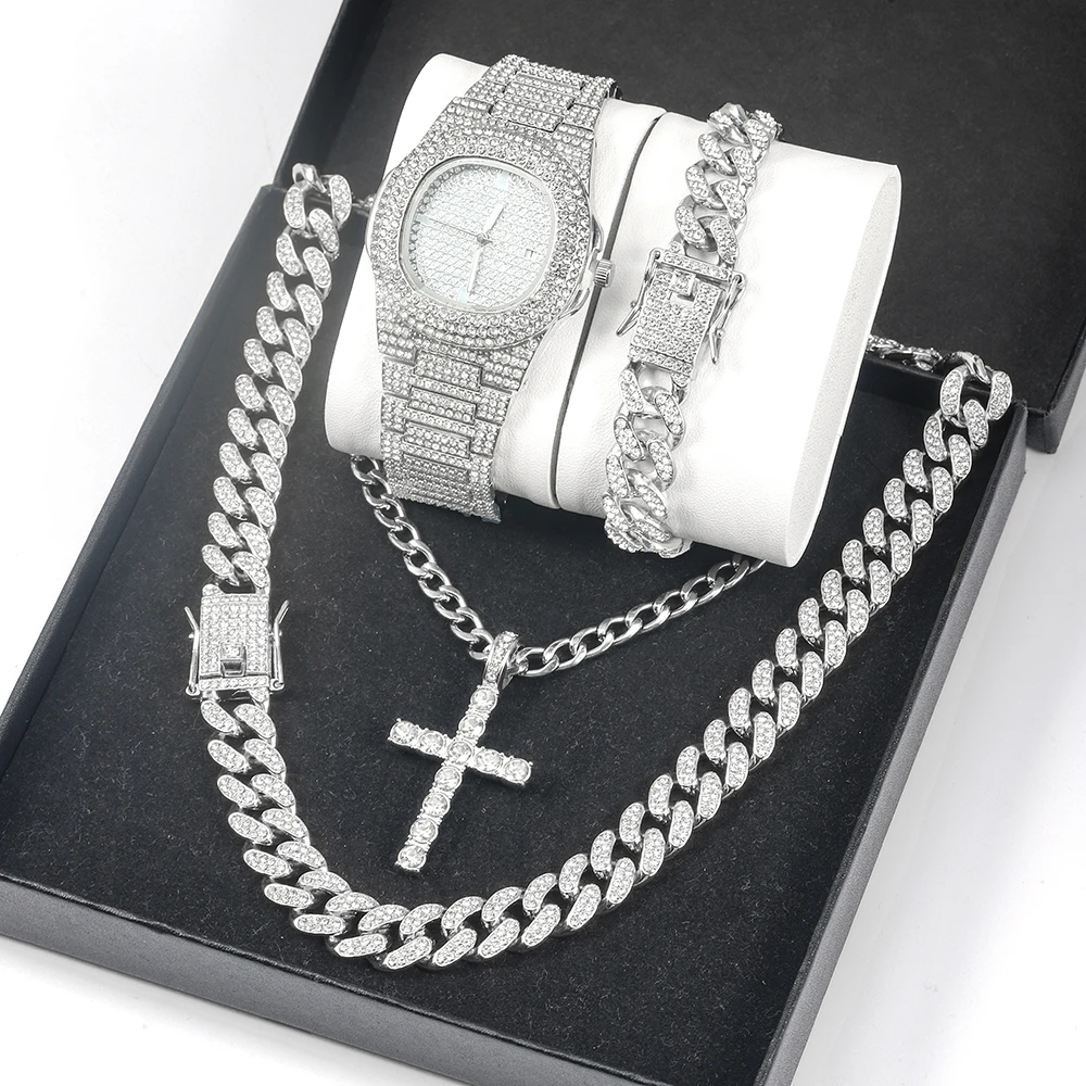 5pcs Stylish Silver Hip-hop Watch Set Men Women Iced Out Watch+Cross Pendant Necklace+Cuban Chain&Bracelet Trend Jewelry Gift