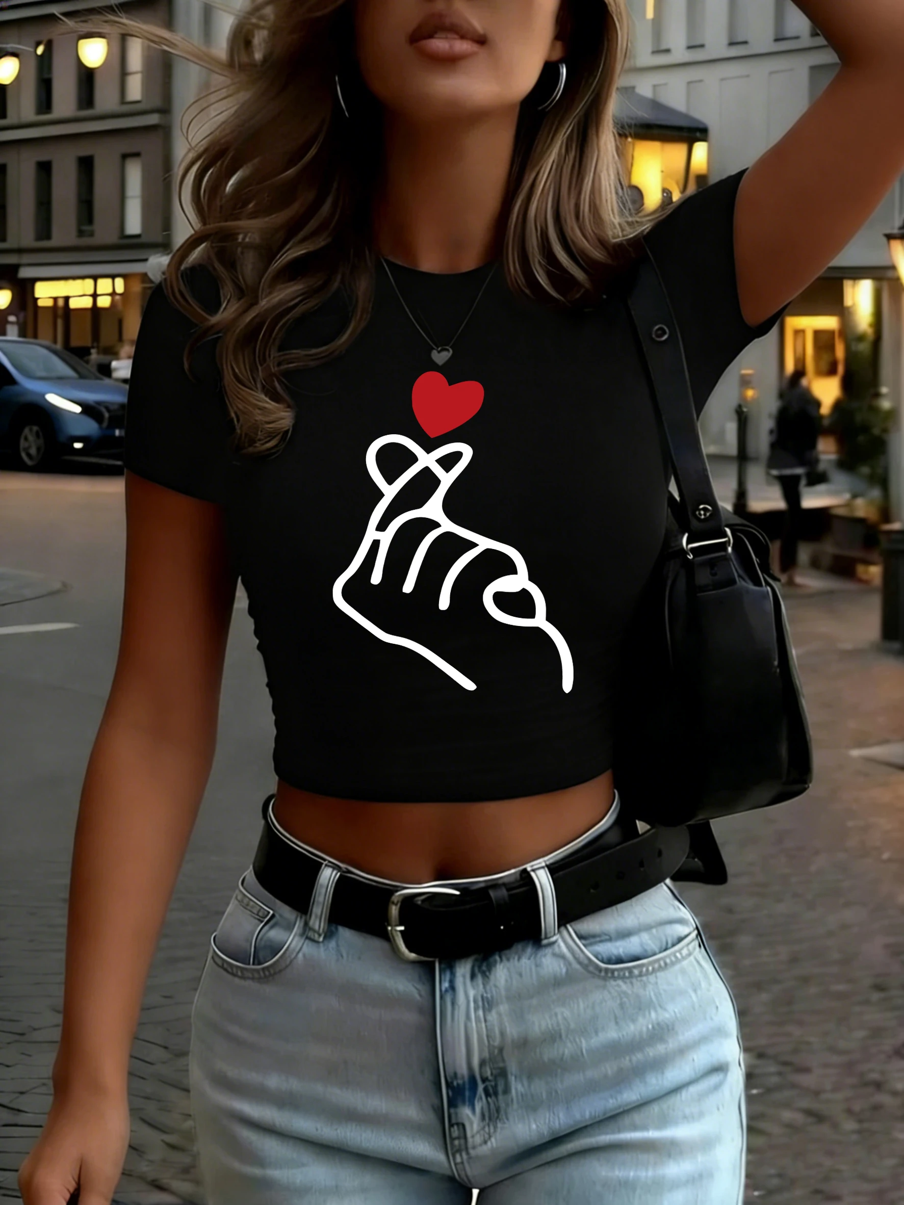

Creative Heart Gesture Print Womens Crop T-Shirt Summer Tight T Shirt Breathable Trendy Clothes Slim Casual Woman Short Sleeve