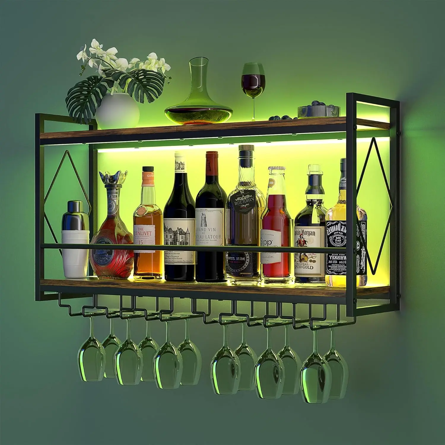Wall Mounted Wine Rack with LED Light, 31.5" Bar Shelves with Glass Holder, Metal Hanging Storage for Kitchen Home Bar
