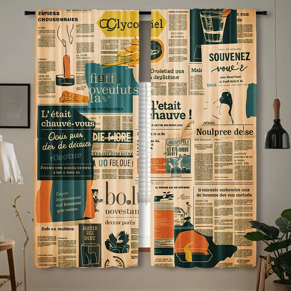 Vintage Newspaper Print Curtains with French Text and Retro Design Artistic Journal Style Window Drapes for Living Room Bedroom