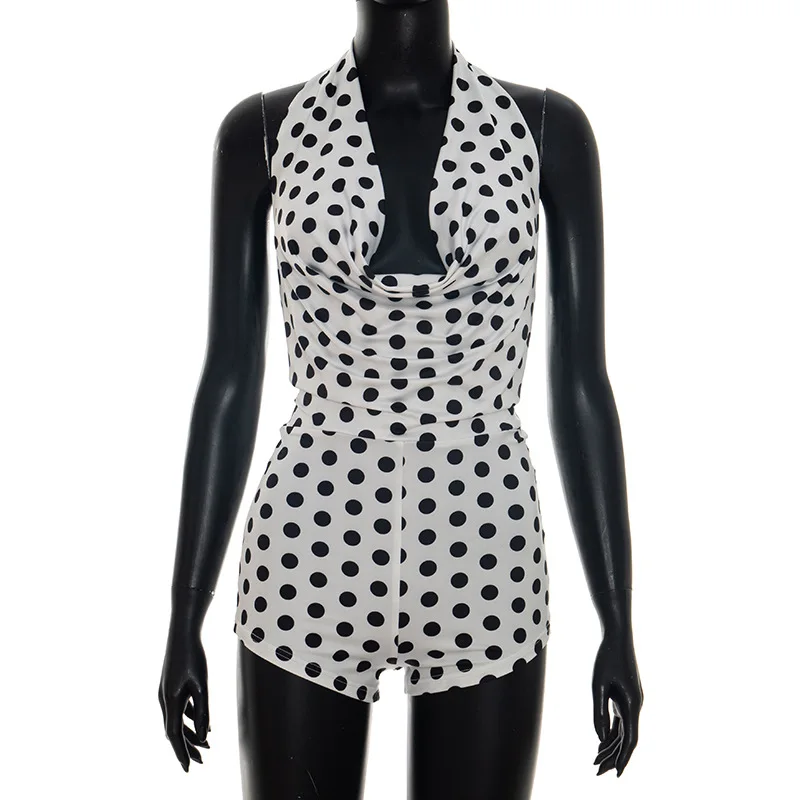 2026 Modetrends Damenkleidung Polka Dot Romper Neckholder Wasserfallausschnitt Rückenfreier Playsuit Sommer Lässiger Jumpsuit Streetwear – Detail 11