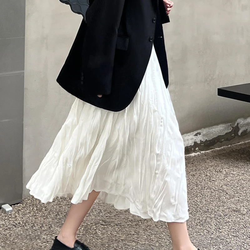 Pleated Midi Skirts Women Elegant All-match Solid High-waist Faldas Spring A-line Fashion Streetwear Temper Aesthetic Tender