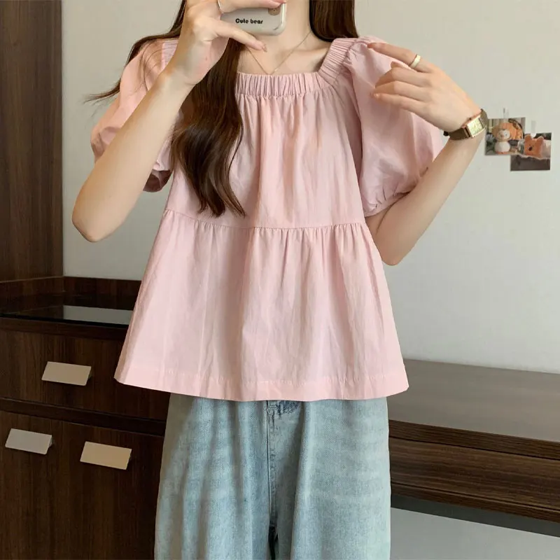 2024 Summer Puff Sleeve Shirt Elegant Square Collar Elastic Women\'s Clothing Fashion Folds Spliced Solid Color All-match Blouse