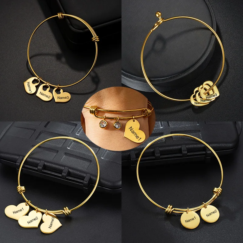 

Nextvance Personalized Adjustable Bangles For Women Custom Engraved 1-5 Names Heart Bracelet Stainless Steel Jewelry Family Gift