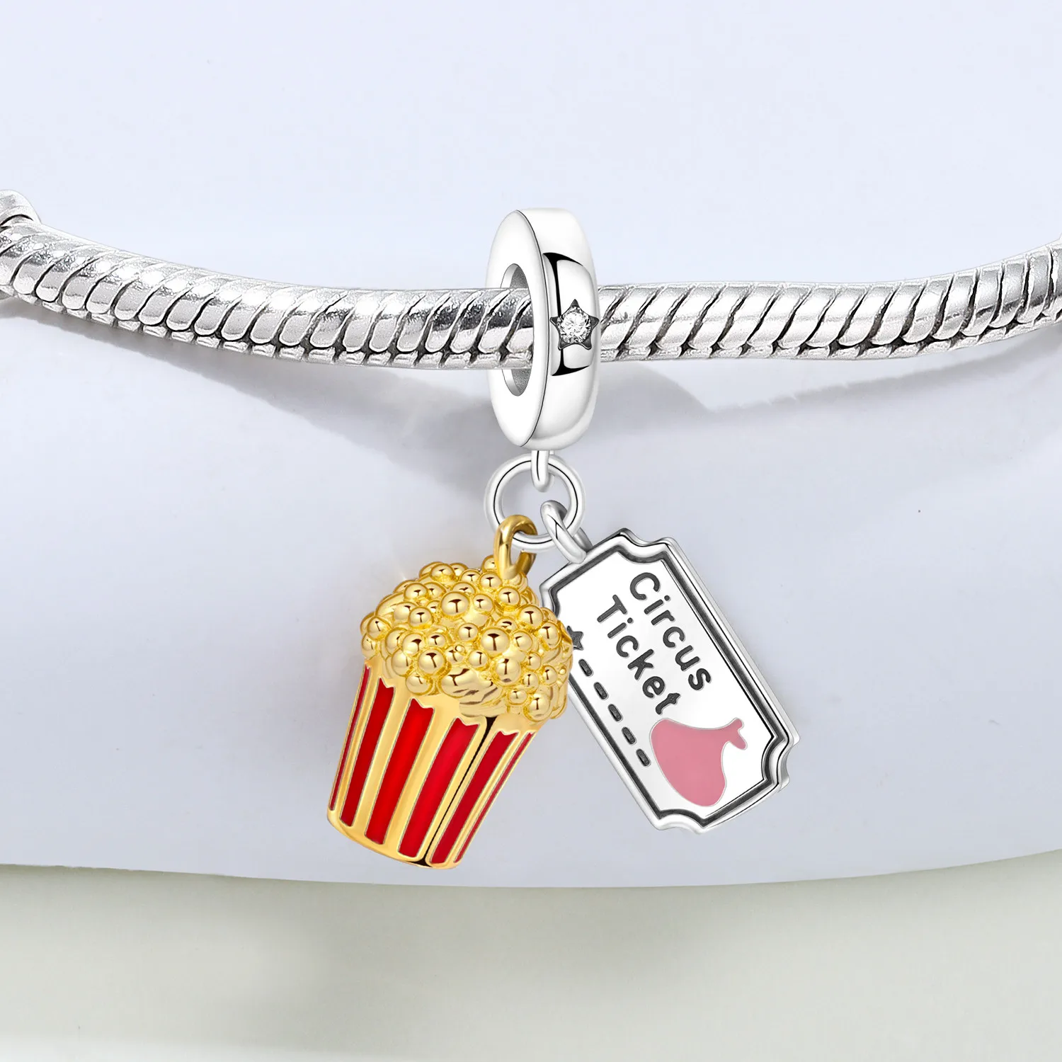 PANPOKI 925 Sterling Silver Popcorn Movie Tickets Beads Original Pendants Bracelet Charm Jewelry Party DIY Trendy Gifts